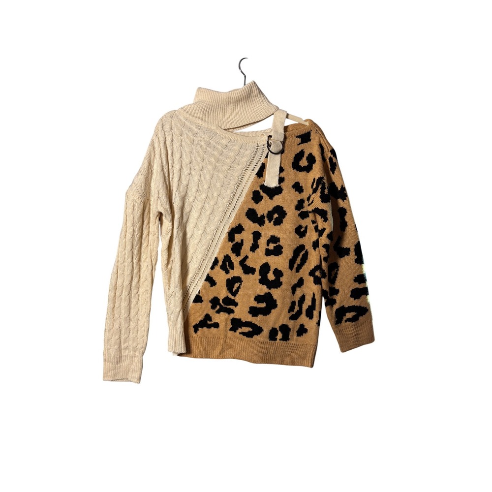 Veveret Women Sweater M Tan Leopard Cable Knit Asymmetric Cold Shoulder Edgy